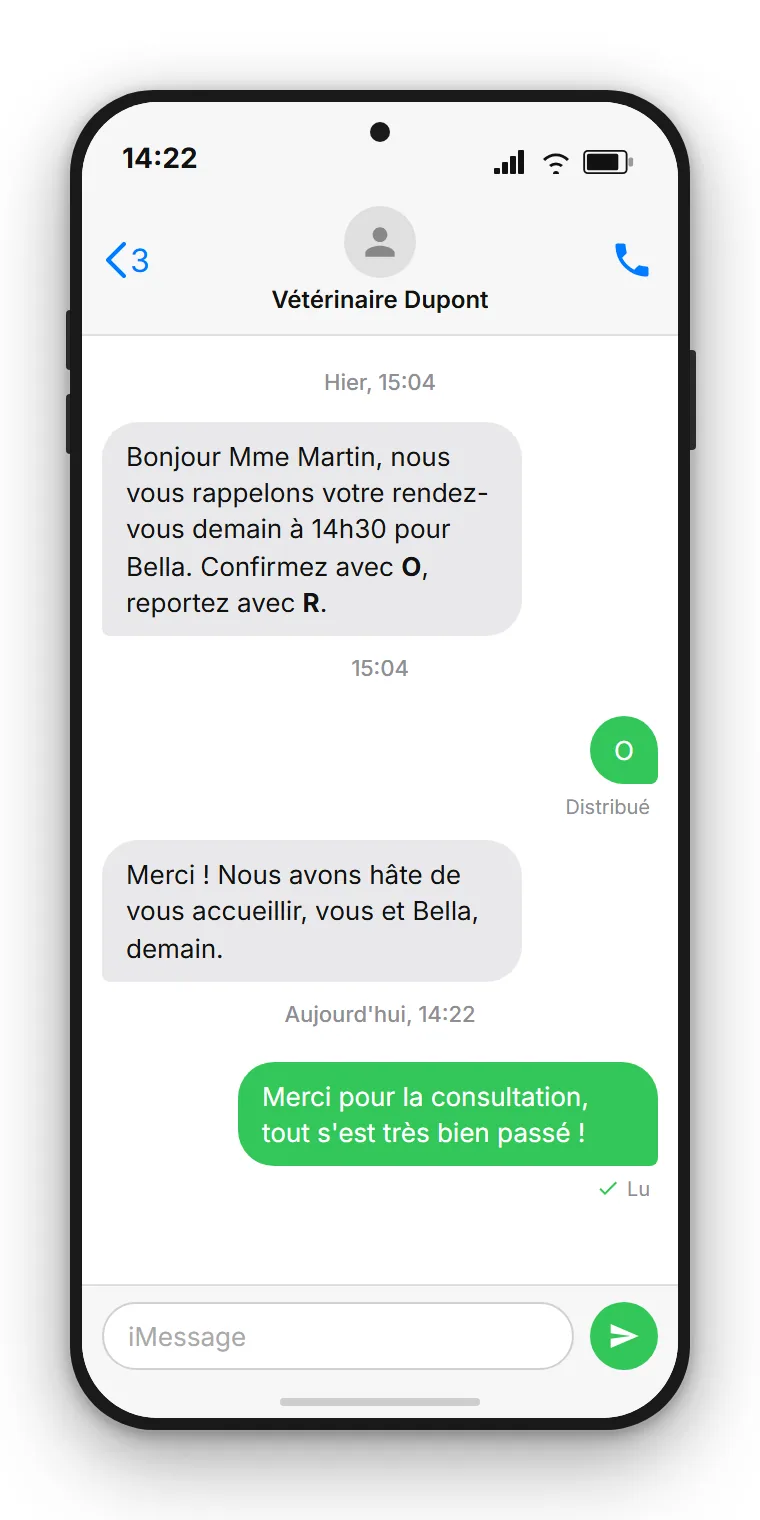 Rappel SMS pour rendez-vous de SendSeven sur un écran de verrouillage de téléphone : rappel d'un rendez-vous le lendemain à 14h30 avec options de confirmation O et de report R
