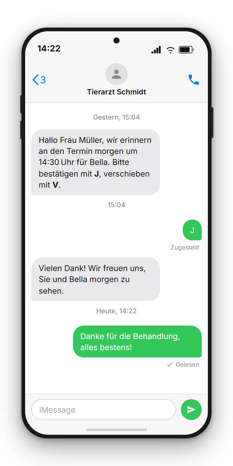SMS-Terminerinnerung von SendSeven auf einem Handy-Sperrbildschirm: Erinnerung an einen Termin am nächsten Tag um 14:30 Uhr mit Bestätigungs-Optionen J und V