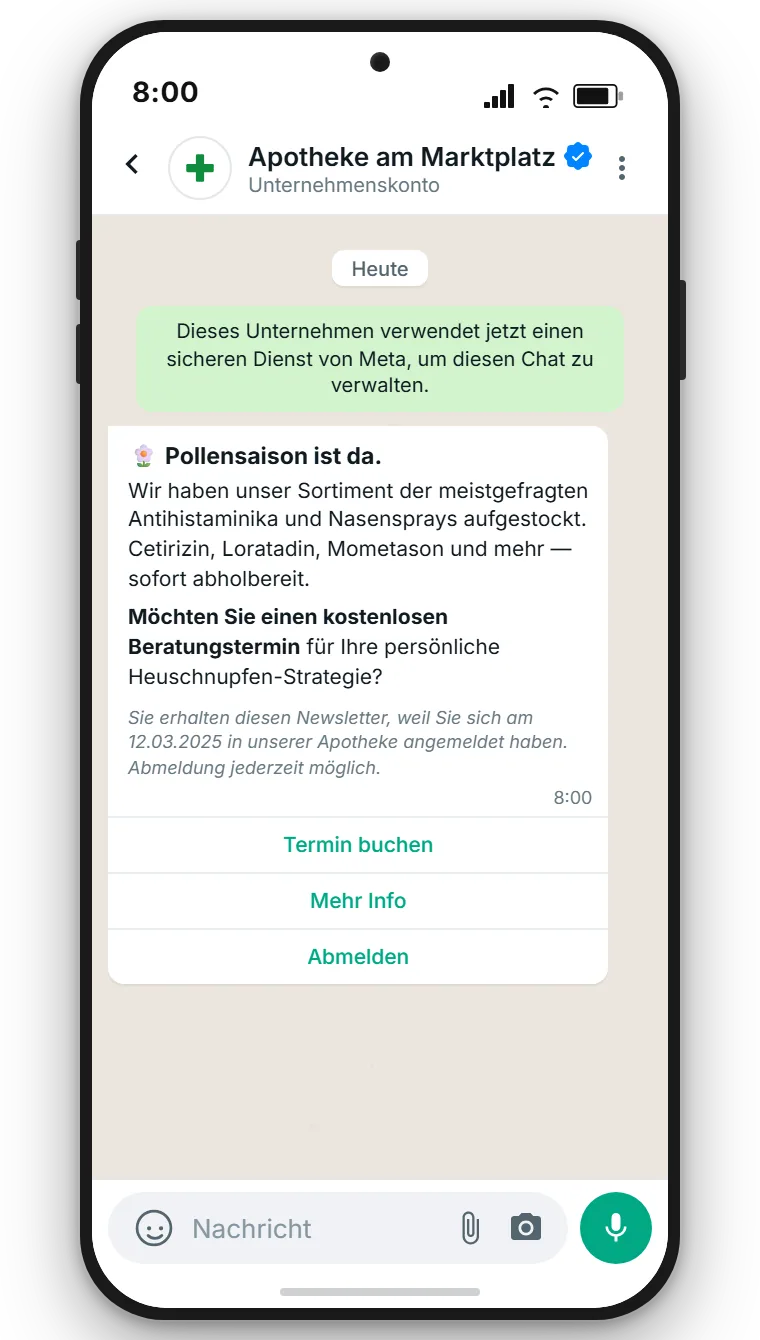 WhatsApp-Newsletter zum Start der Pollensaison mit Termin-Button