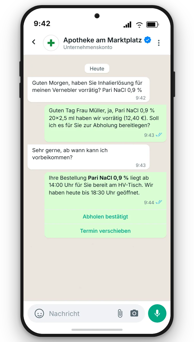 WhatsApp-Reservierungsbestätigung mit Buttons Botendienst und Selbst abholen