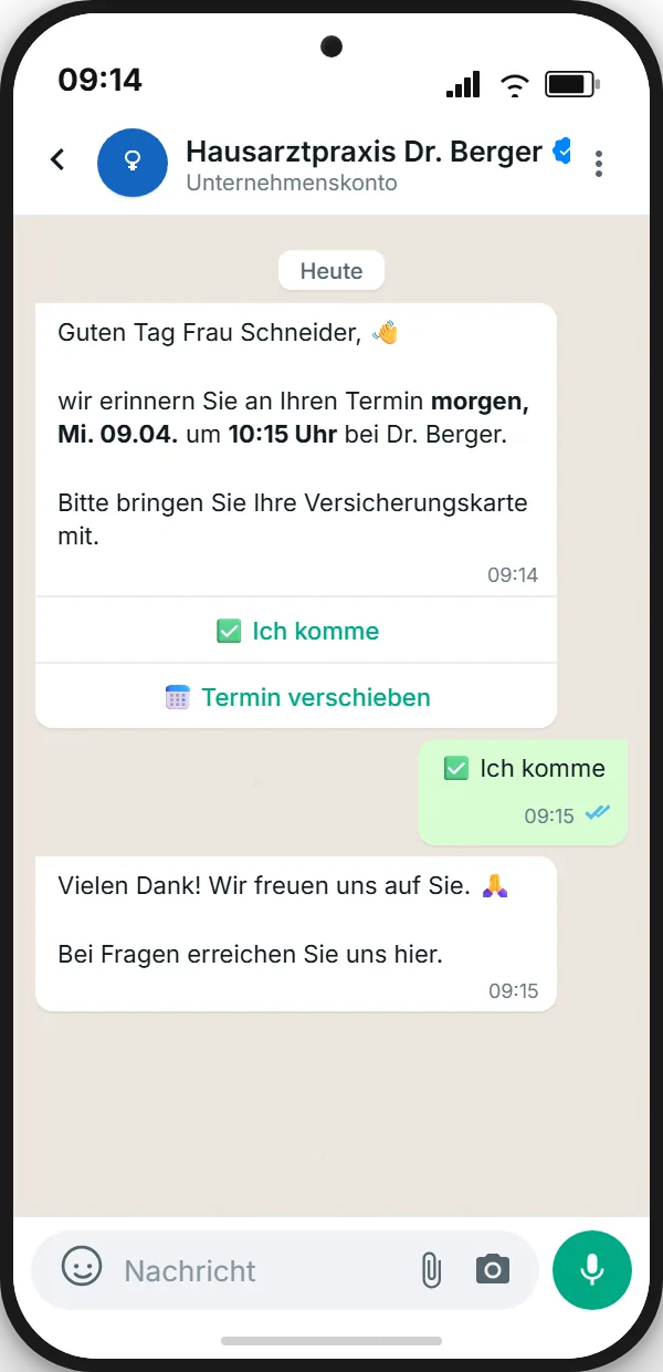 WhatsApp-Terminerinnerung mit Bestätigungs-Buttons in einer Arztpraxis