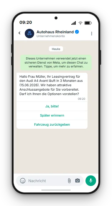 Personalisierte WhatsApp-Nachricht zu Leasing-Auslauf mit Buttons Angebot ansehen und Termin buchen