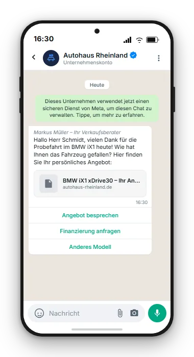 WhatsApp Follow-up nach Probefahrt: Verkaufsberater sendet personalisiertes Angebot mit Buttons für Finanzierung und Rückruf