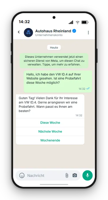 WhatsApp-Chat: Probefahrt-Anfrage im Autohaus mit automatischer Bestätigung und Terminvorschlag