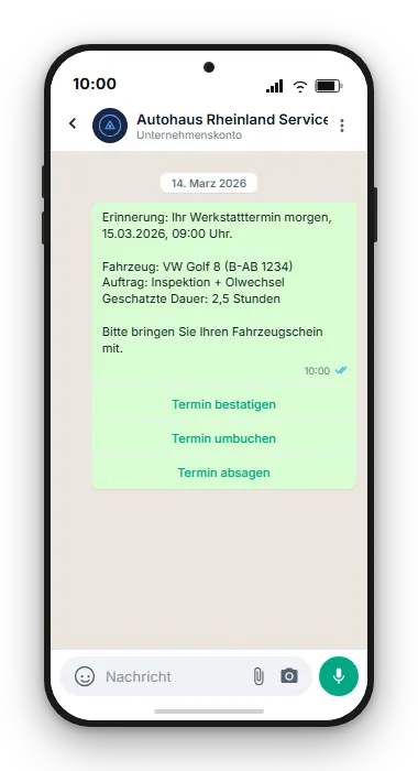 WhatsApp-Werkstatterinnerung: Ihr Termin morgen 09:00, VW Golf 8, Inspektion und Ölwechsel, mit Buttons Bestätigen, Umbuchen, Absagen