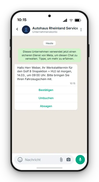 SMS-Werkstatt-Erinnerung mit Bestätigungs-Button: Termin morgen 09:00, VW Golf Inspektion