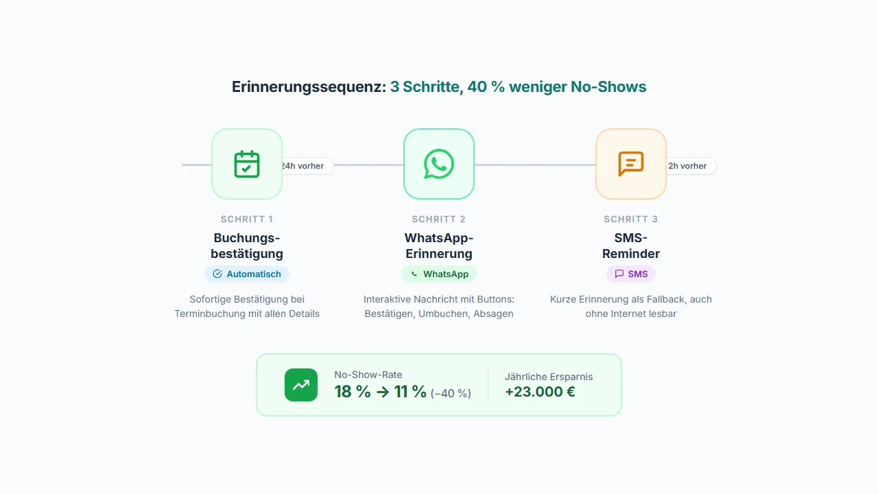 Timeline einer Werkstatt-Erinnerungssequenz: Buchungsbestätigung, WhatsApp 24h vorher mit Buttons, SMS 2h vorher