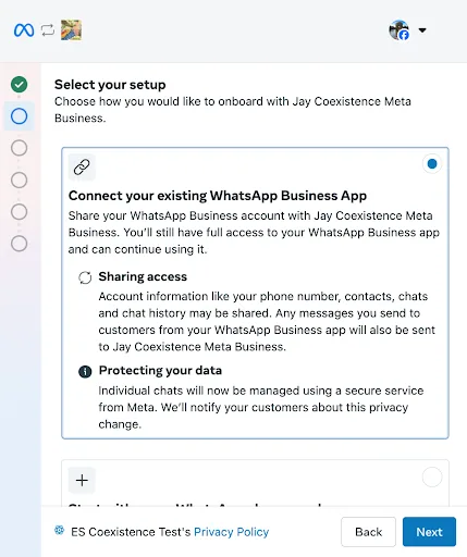 Meta Embedded Signup Auswahl-Bildschirm: Connect your existing WhatsApp Business App vs. neue oder migrierte Nummer