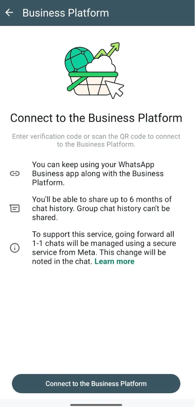 WhatsApp Business App Connect-to-Business-Platform-Bildschirm mit Hinweis auf parallele Nutzung und bis zu 6 Monate Chatverlauf
