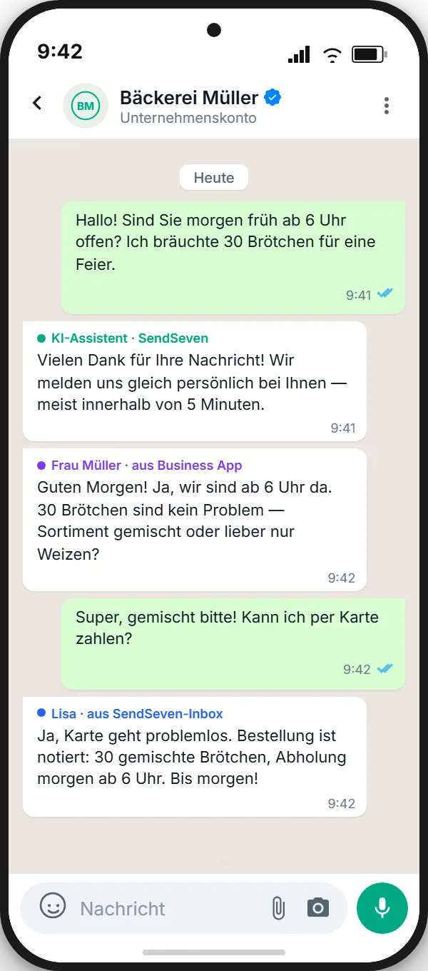 WhatsApp Coexistence in Aktion: KI-Antwort, Inhaberin aus Business App und Team-Mitarbeiter aus SendSeven-Inbox antworten im selben Chat