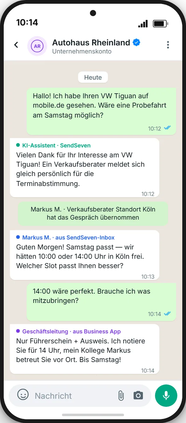 WhatsApp chat for a car dealership: AI first reply to a test-drive request, sales rep picks up from SendSeven, management confirms from the Business App