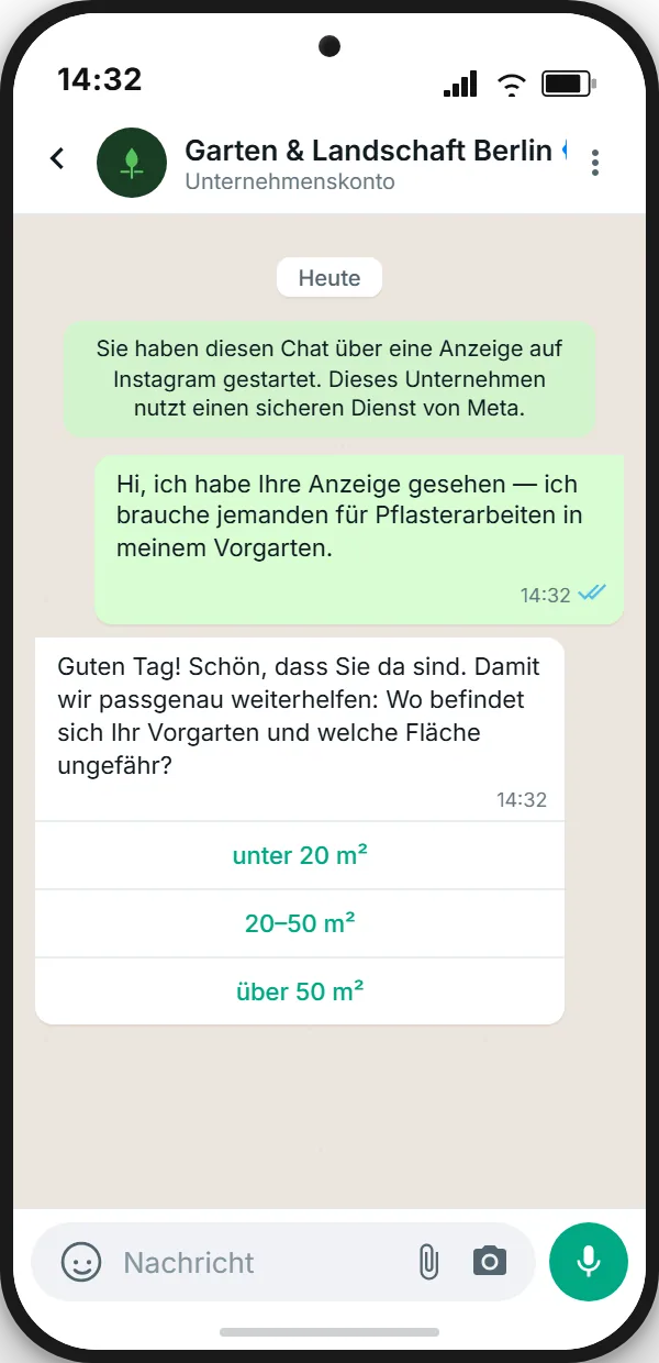 WhatsApp welcome after a Click-to-WhatsApp ad — pre-filled message plus bot welcome with quick replies (German example mockup)