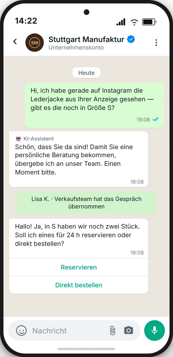 WhatsApp handover from bot to sales team — fashion retailer after a Click-to-WhatsApp ad, personal reply within a minute (German example mockup)
