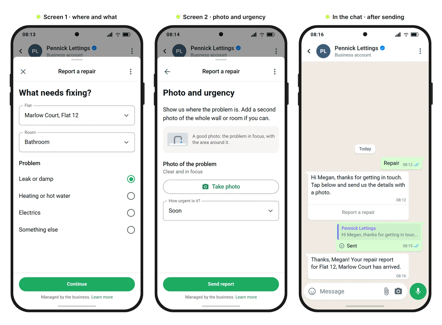 SendSeven mockup: repair report of a fictional letting agency in three views, with flat, room and problem selection, a photo upload with an example image and an urgency question, and the confirmation in the chat