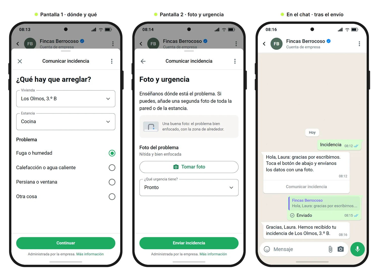 Maqueta de SendSeven: incidencia de una administración de fincas ficticia en tres vistas, con la selección de vivienda, estancia y problema, una subida de foto con una imagen de ejemplo y una pregunta sobre la urgencia, y la confirmación en el chat