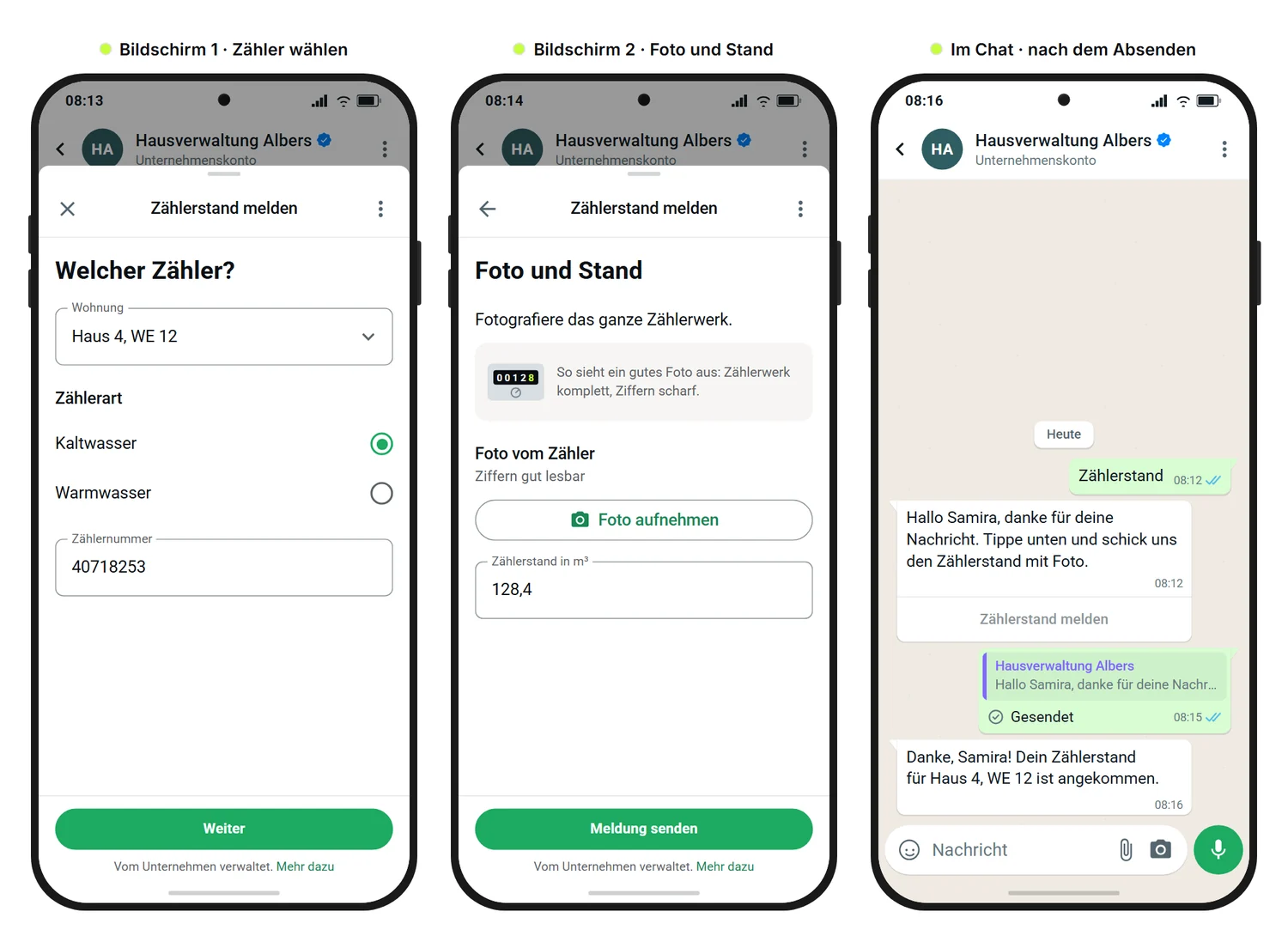 Beispielgrafik, SendSeven Mockup: Z&auml;hlerstand-Meldung einer erfundenen Hausverwaltung in drei Ansichten mit Z&auml;hlerauswahl, Foto-Upload samt Beispielbild und Best&auml;tigung im Chat