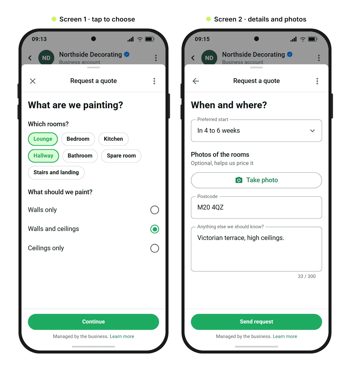 SendSeven mockup: two screens of a WhatsApp Flow for a quote request with selection chips, photo upload, postcode and a text field