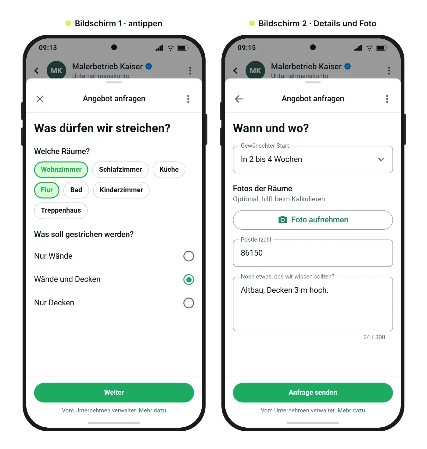SendSeven Mockup: zwei Bildschirme eines WhatsApp Flows für eine Angebotsanfrage mit Auswahlchips, Foto-Upload, Postleitzahl und Freitextfeld