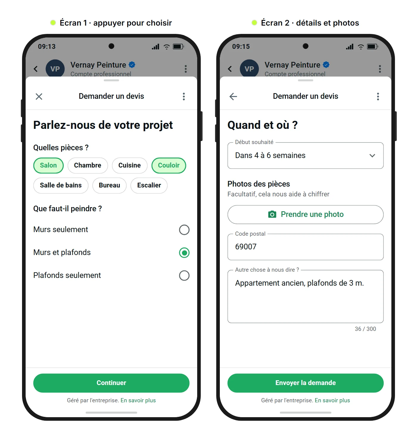 Maquette SendSeven : deux écrans d'un WhatsApp Flow de demande de devis, avec des puces de sélection, l'envoi de photos, le code postal et un champ de texte