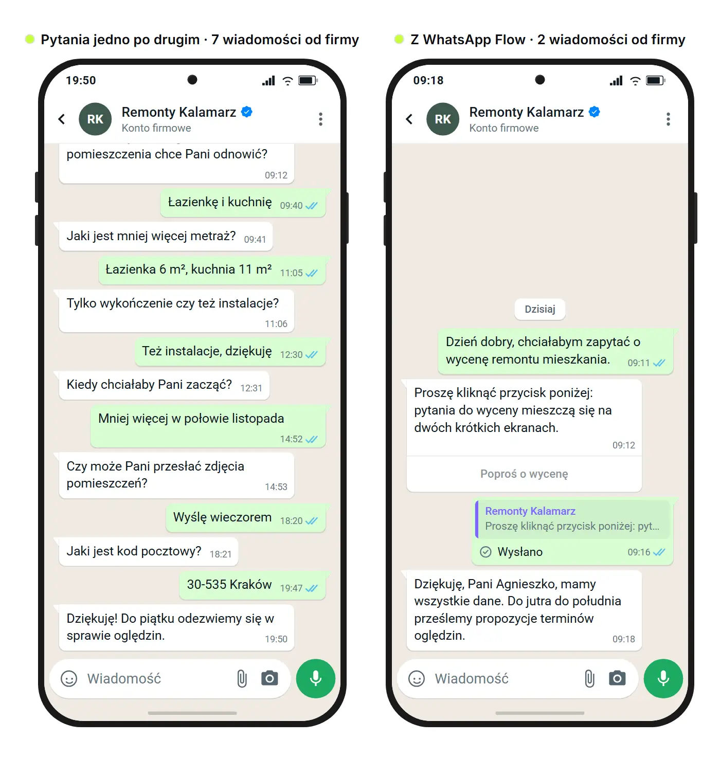 Przykładowa grafika SendSeven: zapytanie o wycenę remontu do firmy remontowej w WhatsApp, po lewej pytania zadawane jedno po drugim, po prawej to samo zapytanie jako WhatsApp Flow