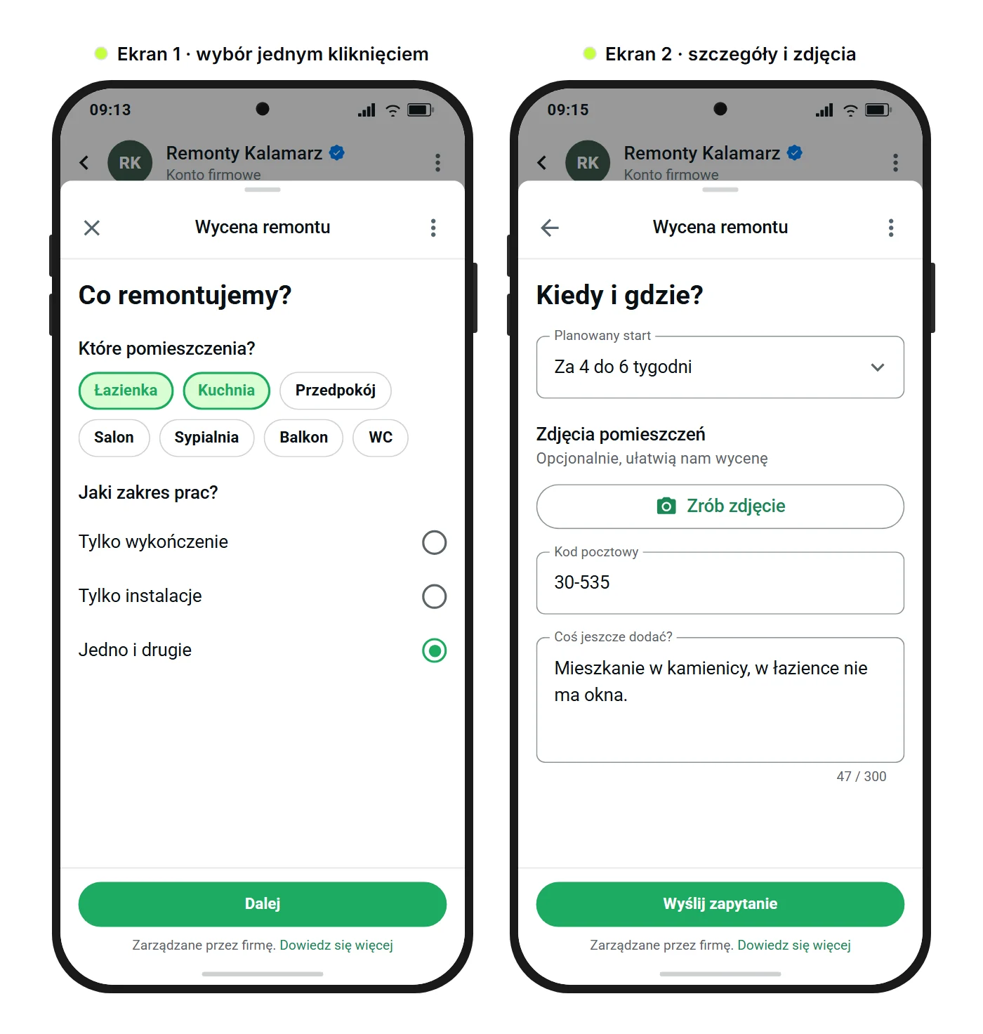 Przykładowa grafika SendSeven: dwa ekrany WhatsApp Flow z zapytaniem o wycenę remontu, z chipami wyboru, przesyłaniem zdjęć, kodem pocztowym i polem tekstowym