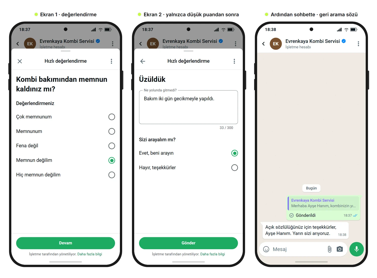 SendSeven örnek görseli: bir kombi servisi için WhatsApp müşteri anketinin üç telefon ekranı; Memnun değilim seçili tek seçimli bir değerlendirme, nedenin ve geri arama talebinin yer aldığı ek bir ekran ve sohbette yorum bağlantısı olmayan geri arama sözü