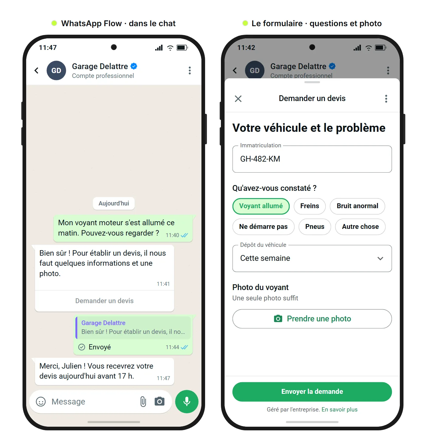 Maquette SendSeven : conversation WhatsApp avec le bouton Demander un devis et le WhatsApp Flow ouvert, avec immatriculation, symptômes, dépôt du véhicule et ajout d'une photo