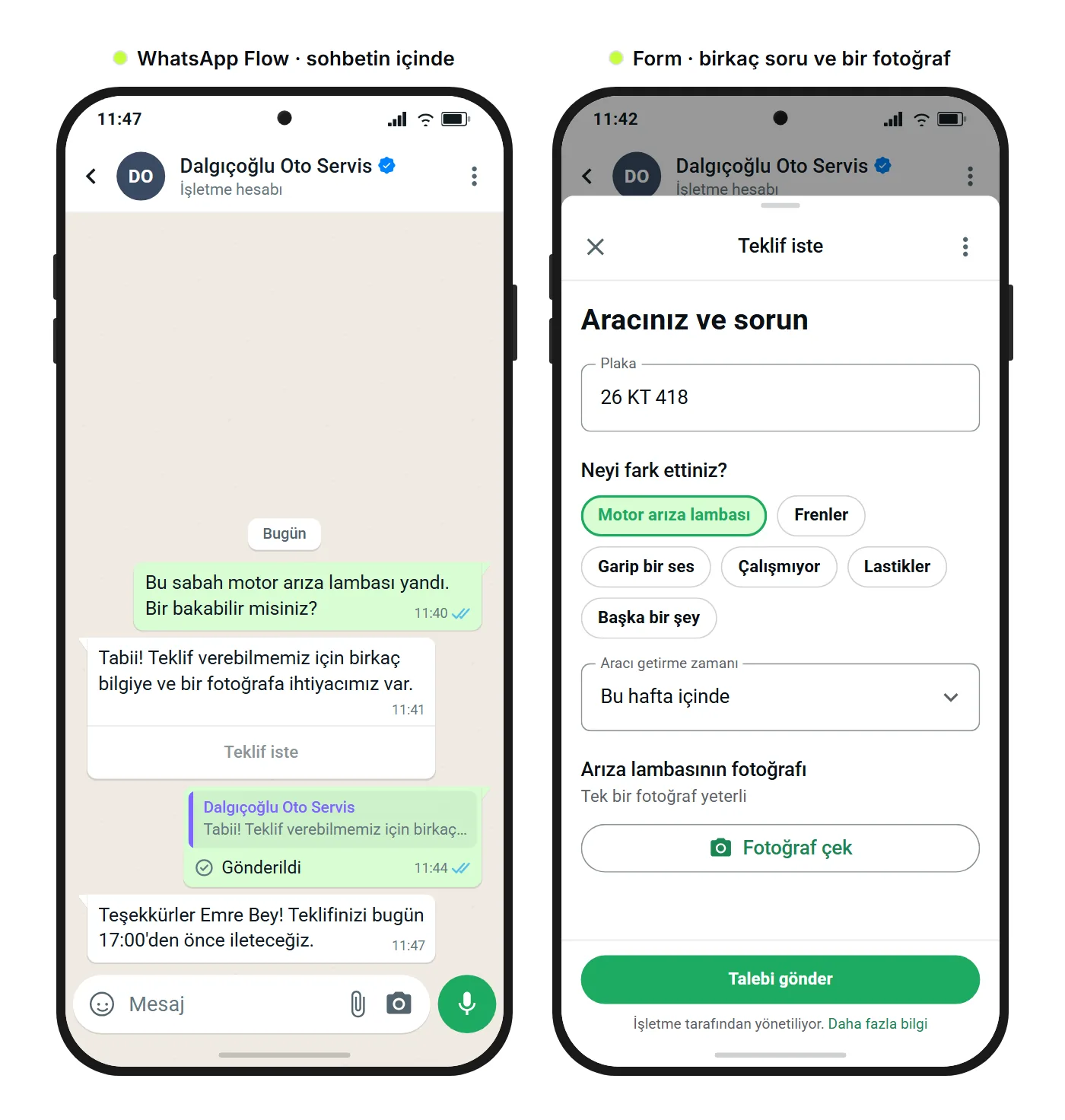 SendSeven örnek görseli: “Teklif iste” düğmesi olan WhatsApp sohbeti ve açılmış WhatsApp Flow; plaka, belirtiler, aracın getirilme zamanı ve fotoğraf yükleme alanı