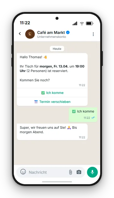 WhatsApp-Erinnerung 24 Stunden vor Tischreservierung mit Bestätigungs-Button