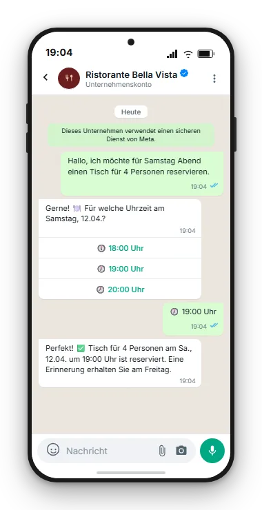 WhatsApp-Chatbot nimmt Tischreservierung automatisch an – Beispiel Ristorante