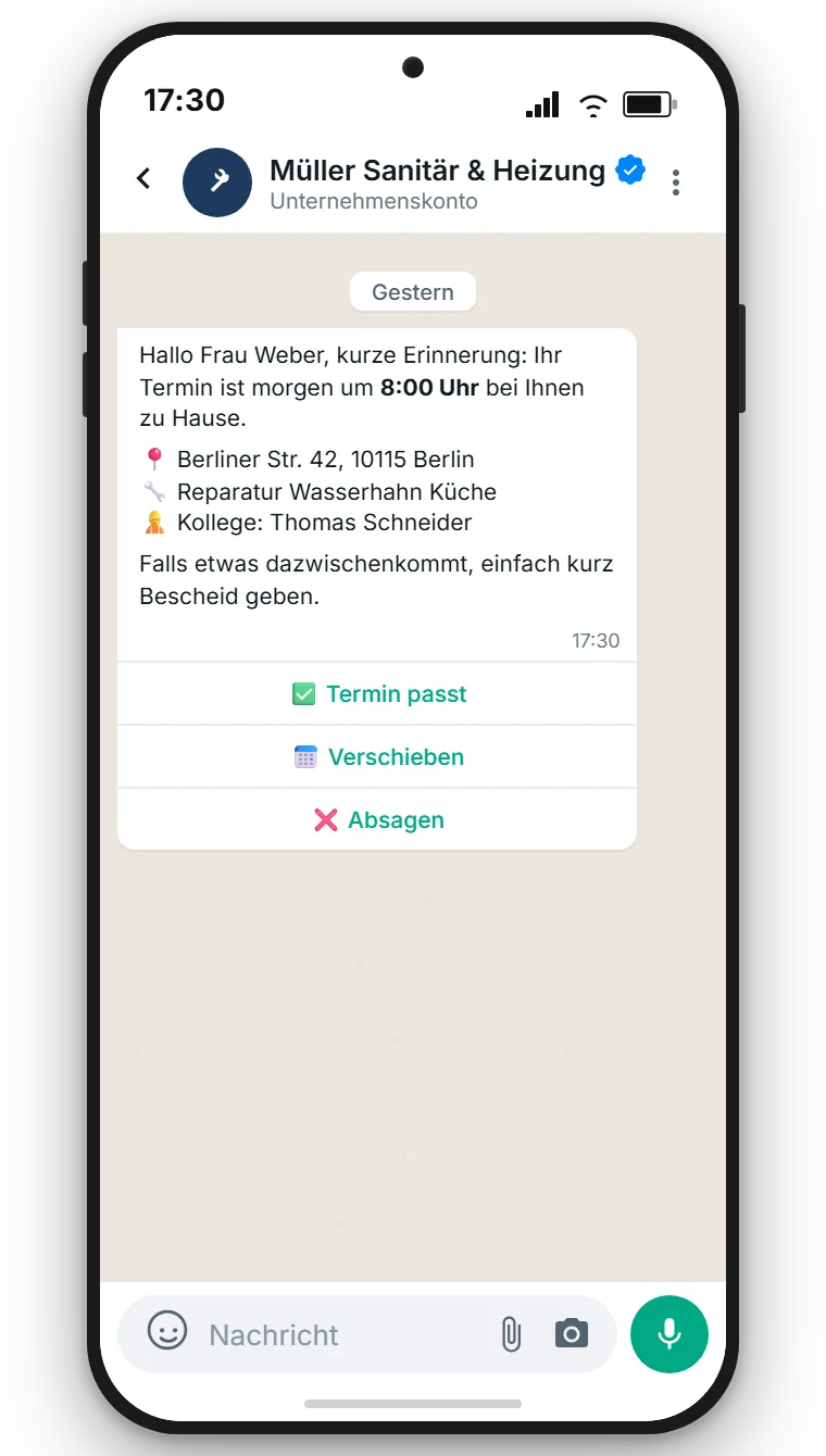 Automatische WhatsApp-Terminerinnerung mit Bestätigungs- und Verschiebe-Button