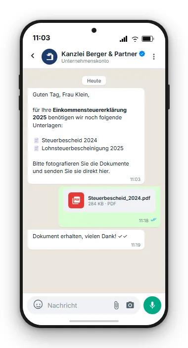 WhatsApp-Dokumentenanforderung: Mandant sendet Steuerbescheid per Foto