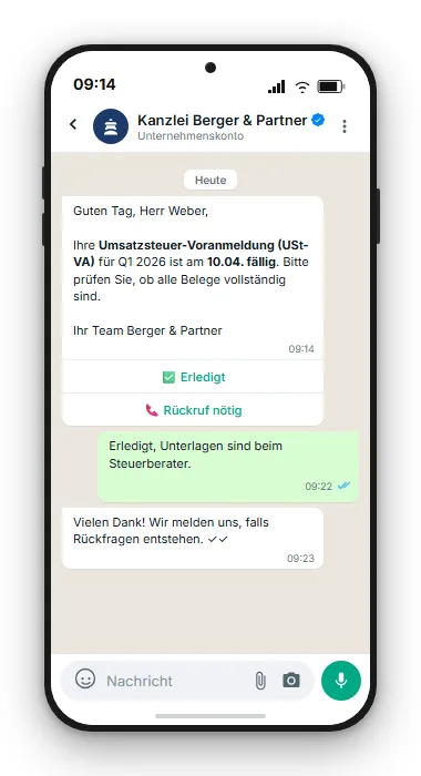 WhatsApp-Fristenerinnerung für Steuerberater mit Buttons Erledigt und Rückruf nötig