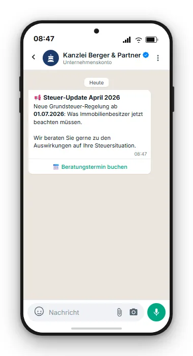 WhatsApp Mandanten-Newsletter: Steuer-Update mit Button Beratungstermin buchen