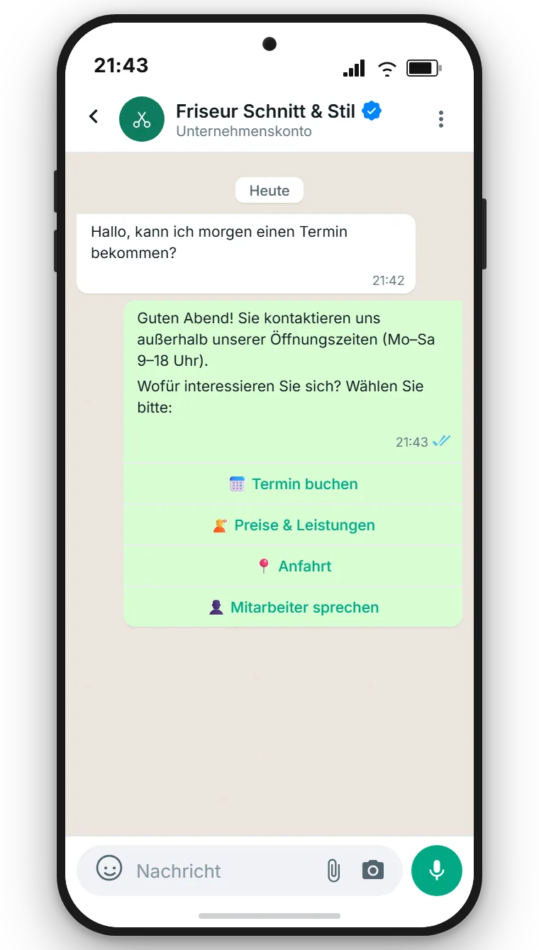Automatisches WhatsApp-Bot-Menü außerhalb der Öffnungszeiten mit Quick-Reply-Buttons für Termin und Preise