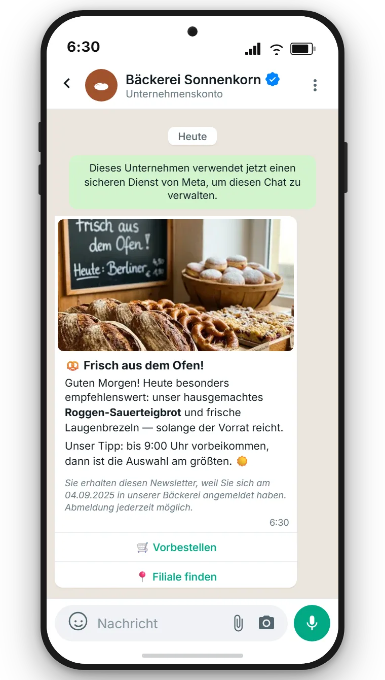 WhatsApp Marketing-Newsletter einer Bäckerei mit Foto der Tagesangebote und Bestell-Button