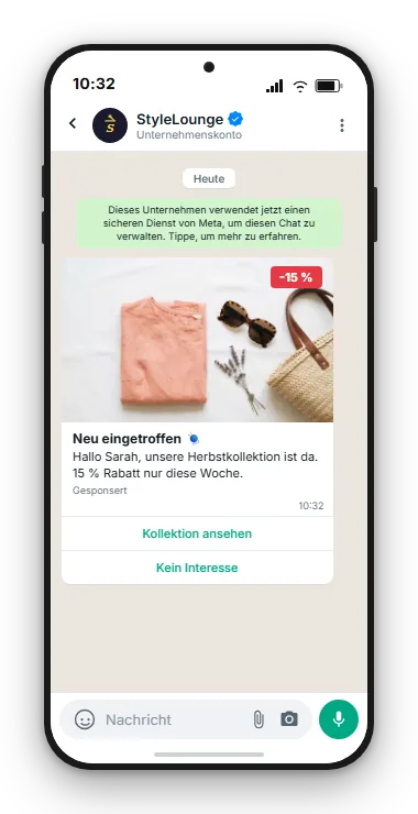 WhatsApp Newsletter Vorlage auf einem Smartphone mit Produktbild und Call-to-Action Buttons