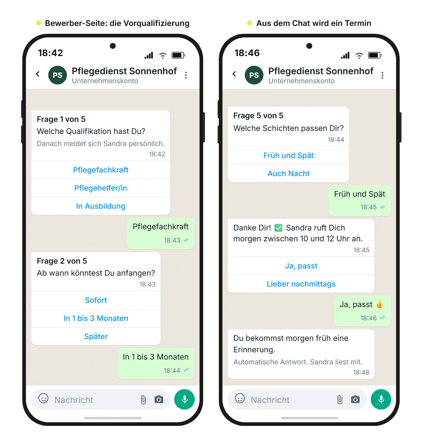 WhatsApp-Chat einer Bewerbung in der Pflege mit automatisierter Vorqualifizierung und Schnellantwort-Buttons zu Qualifikation, Verfügbarkeit und Schichtbereitschaft