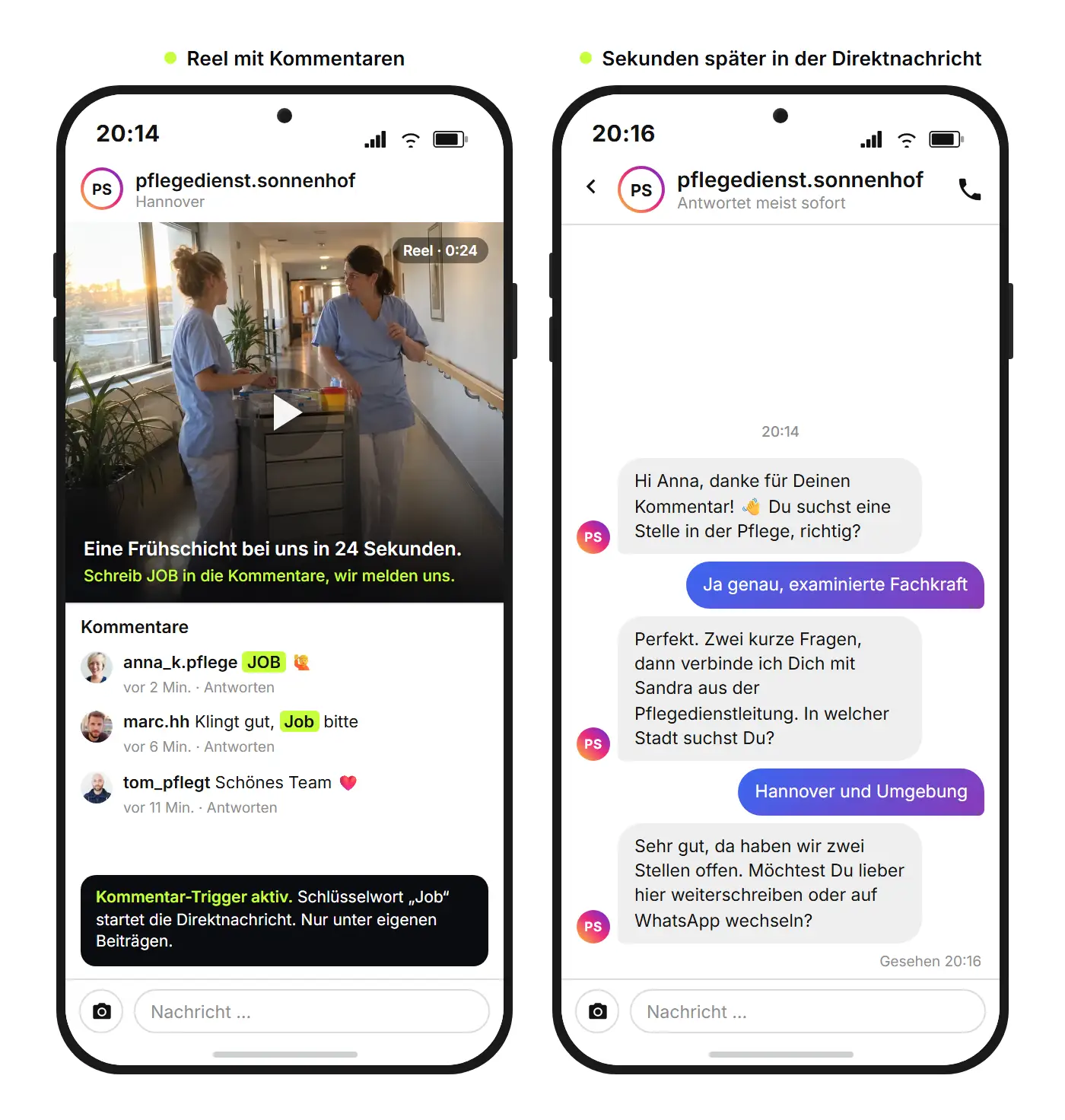 Instagram-Reel eines Pflegedienstes mit Kommentaren und der daraus automatisch gestarteten Direktnachricht zur Bewerbung