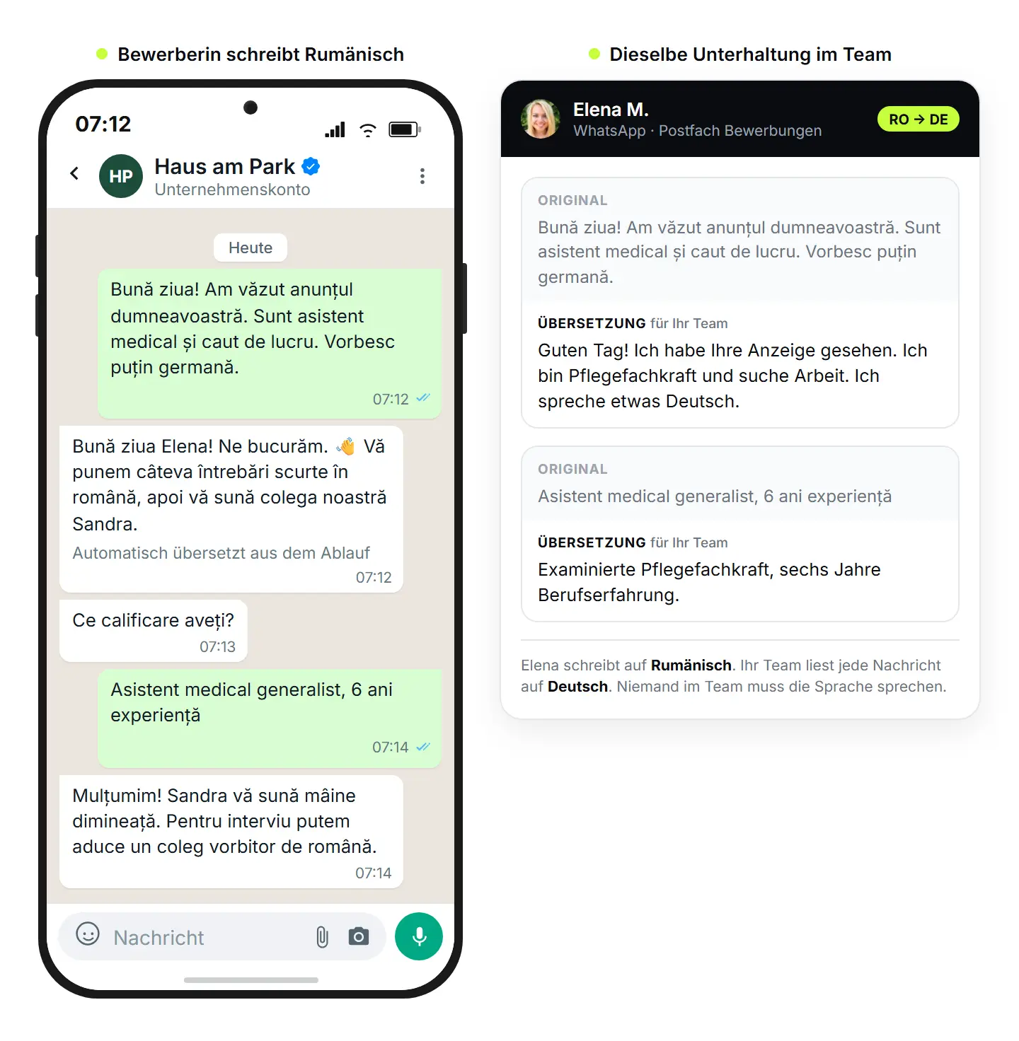 Mehrsprachige Bewerberkommunikation: WhatsApp-Chat auf Rumänisch und daneben die deutsche Übersetzung in der Team-Ansicht