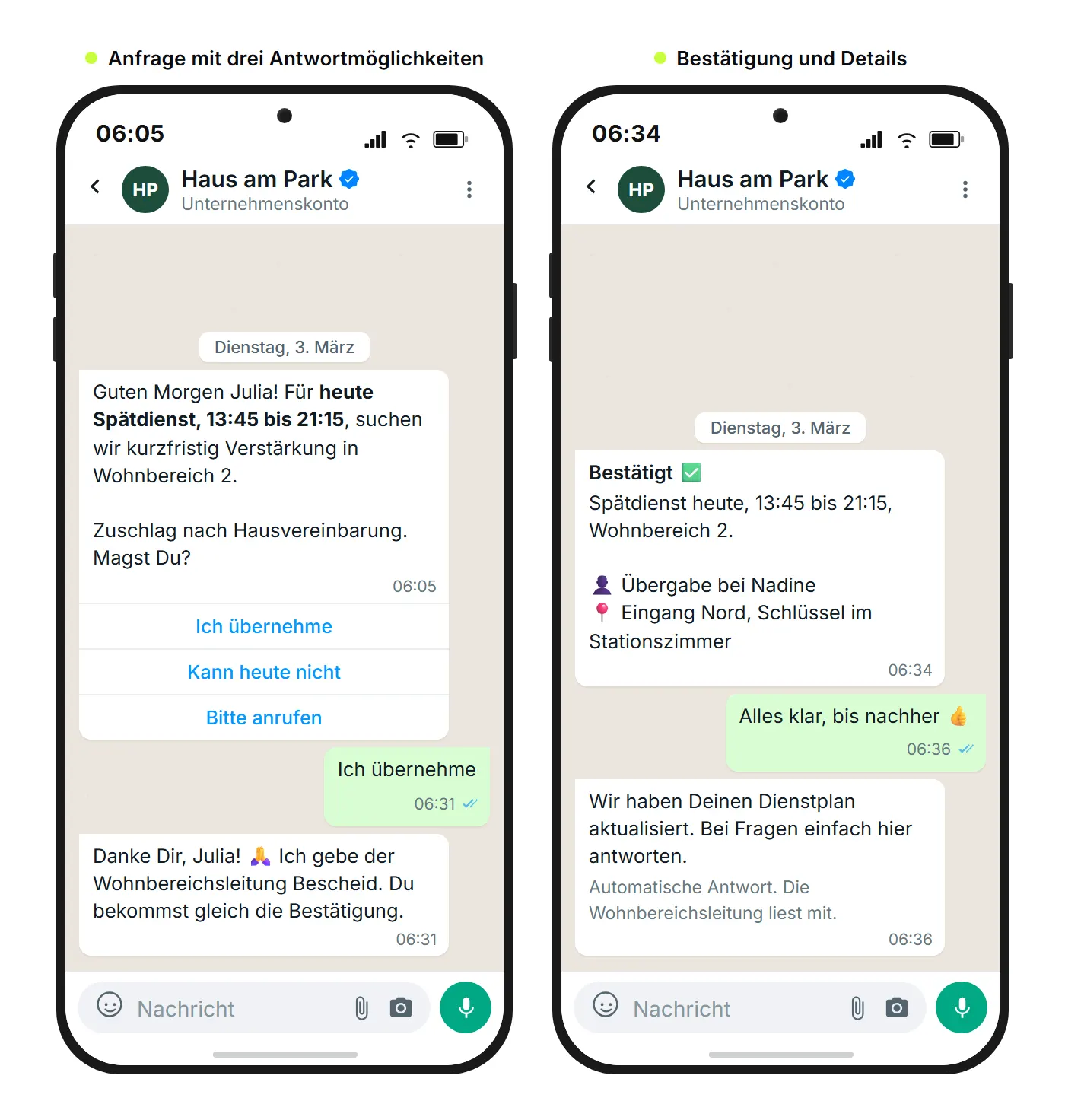 WhatsApp-Schichtangebot einer Pflegeeinrichtung mit drei Schnellantwort-Buttons und anschließender Bestätigung mit Übergabedetails
