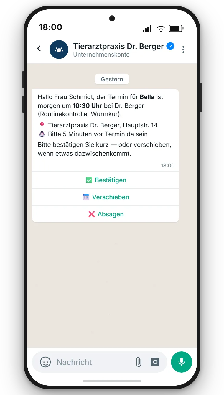 WhatsApp-Terminerinnerung für Tierarztpraxis mit Buttons Wir kommen und Verschieben