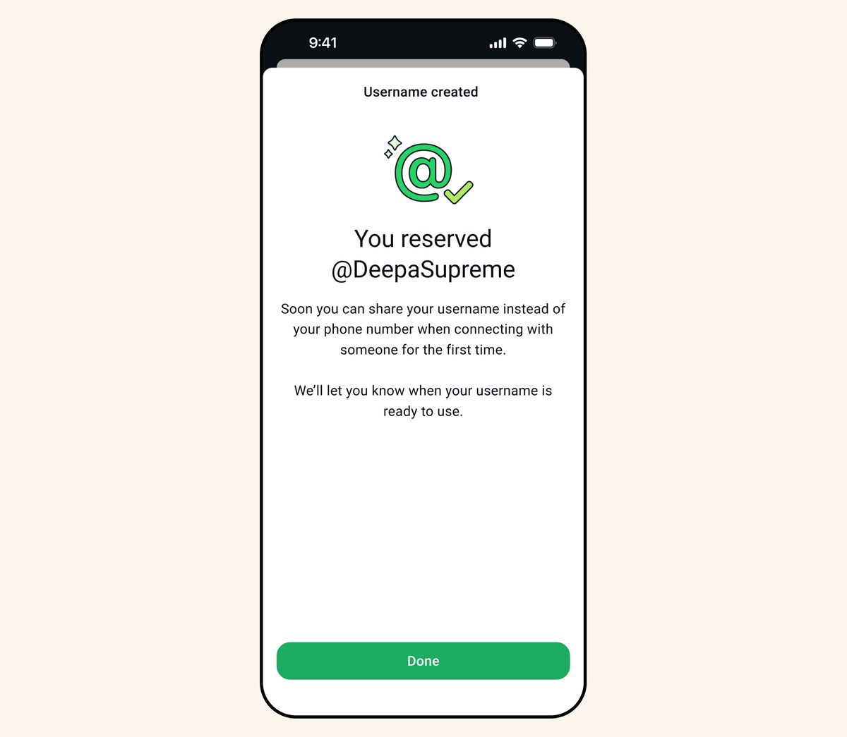 WhatsApp Username created: confirmation You reserved @DeepaSupreme with a Done button