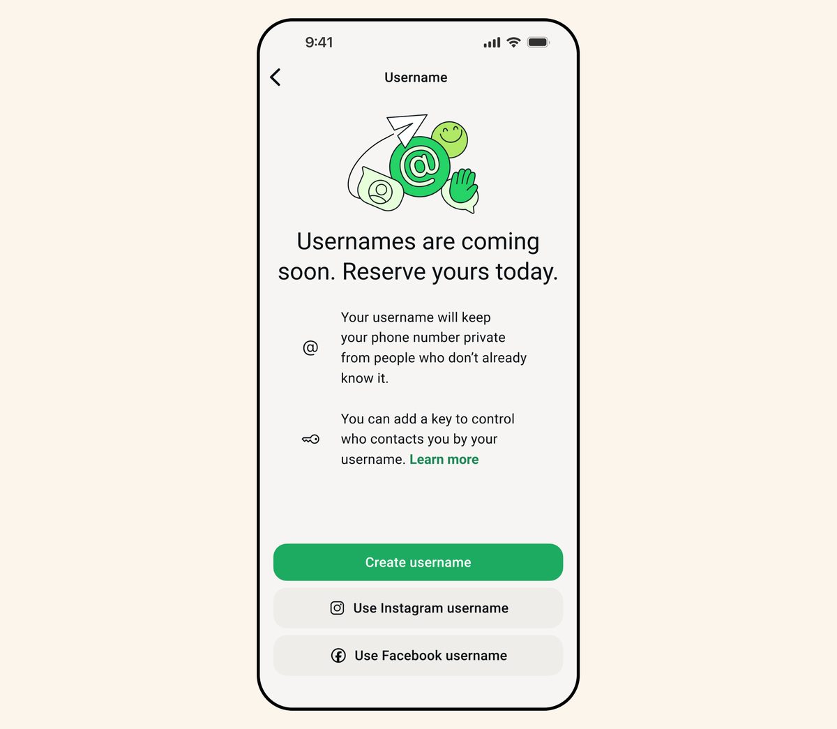 WhatsApp username screen: Usernames are coming soon, Reserve yours today, with the options Create username, Use Instagram username and Use Facebook username
