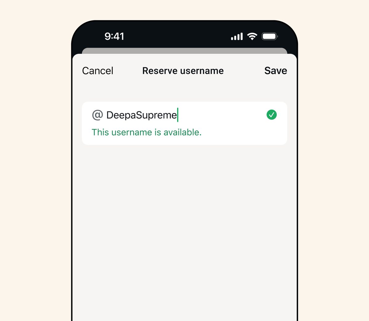 WhatsApp Reserve username: input field with @DeepaSupreme, a green checkmark and the note This username is available