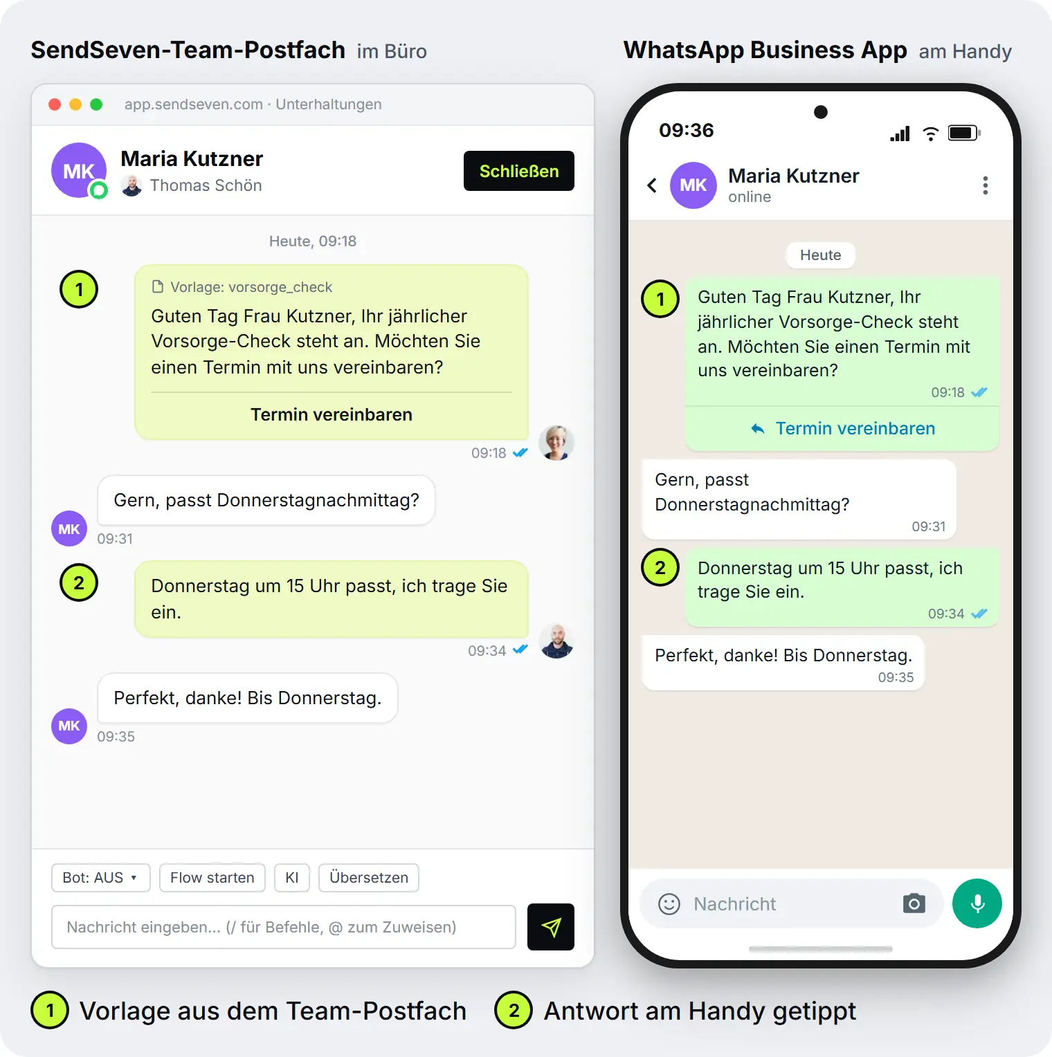 WhatsApp Coexistence im Maklerbüro: dieselbe Unterhaltung in der Business App auf dem Handy und im Team-Postfach von SendSeven