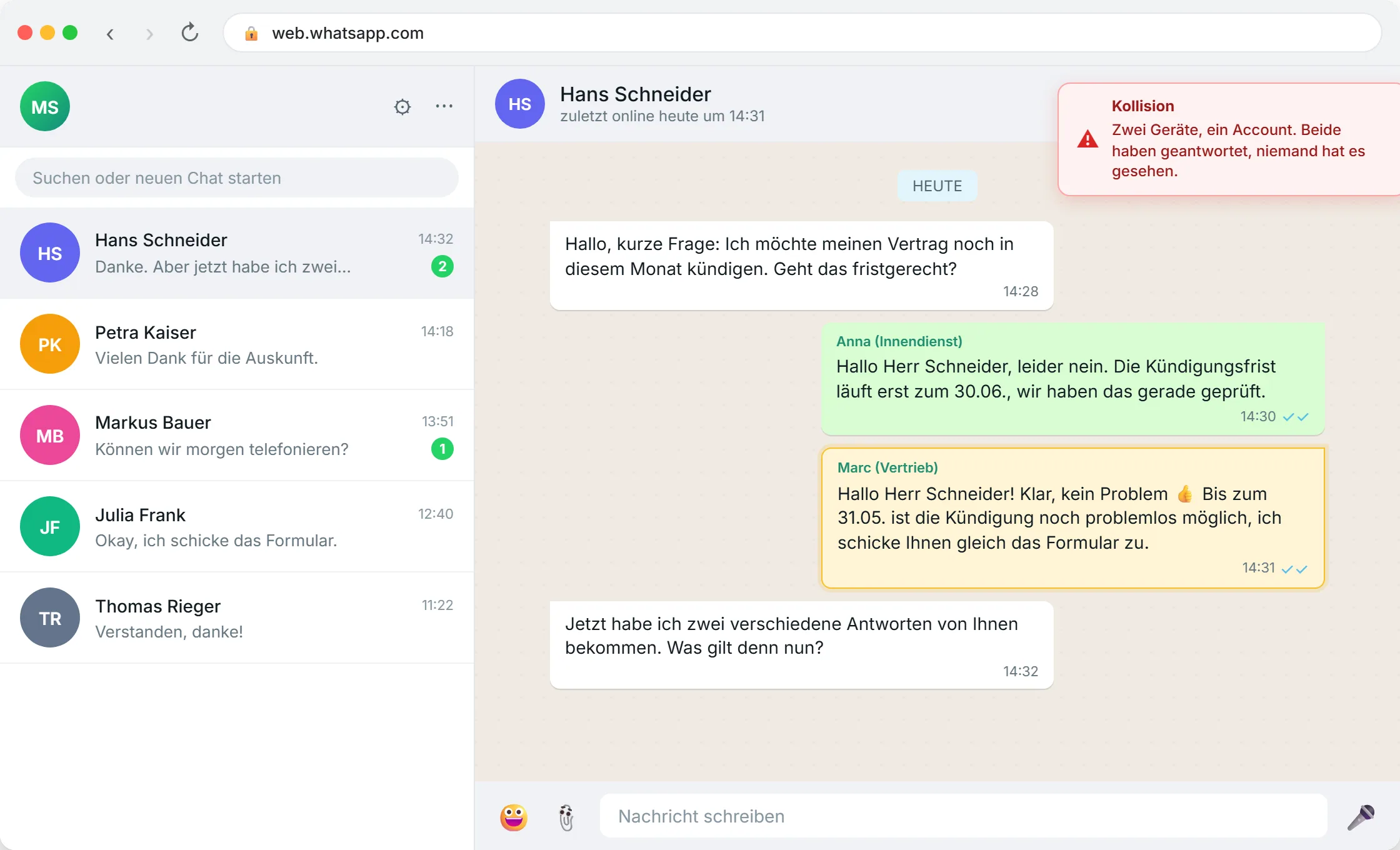 WhatsApp Web with a collision warning: three employees on the same account, one message getting answered twice. SendSeven mockup