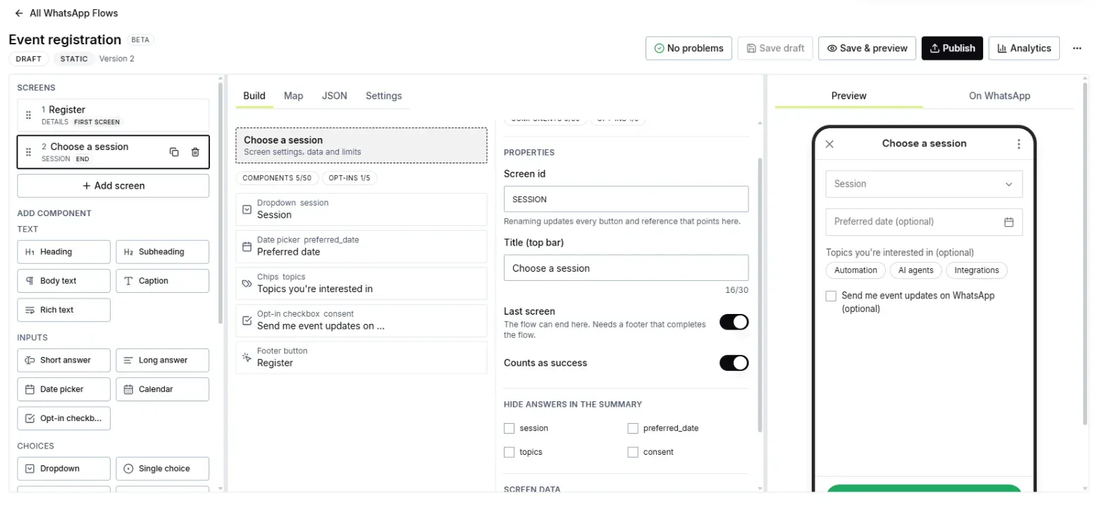 SendSeven WhatsApp Flow editor showing an event registration flow: the screen list, the components of screen 2, the screen settings &ldquo;Last screen&rdquo; and &ldquo;Counts as success&rdquo;, and a phone preview