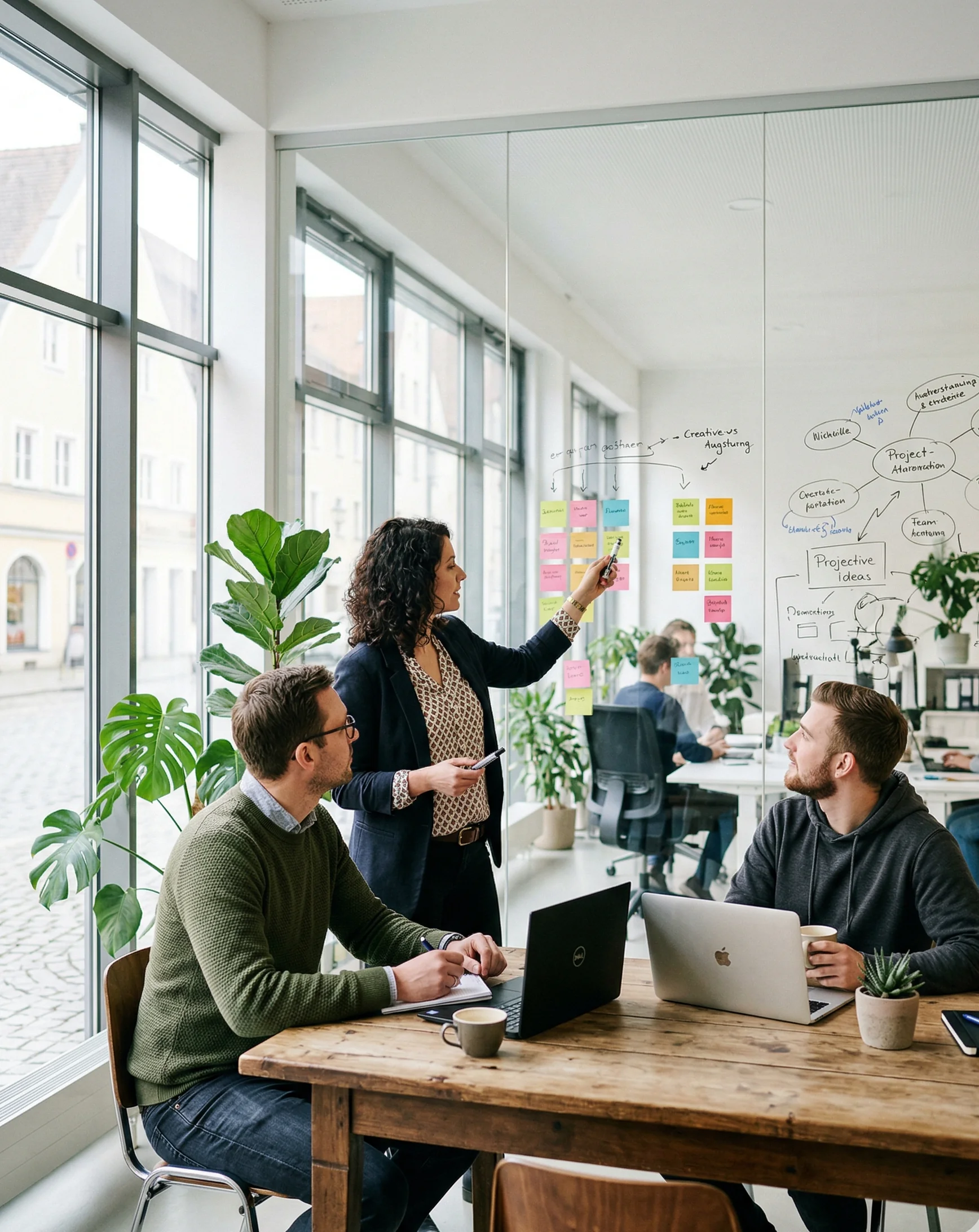 Kreativteam beim Brainstorming in der Agentur — SendSeven Messaging für Agenturen