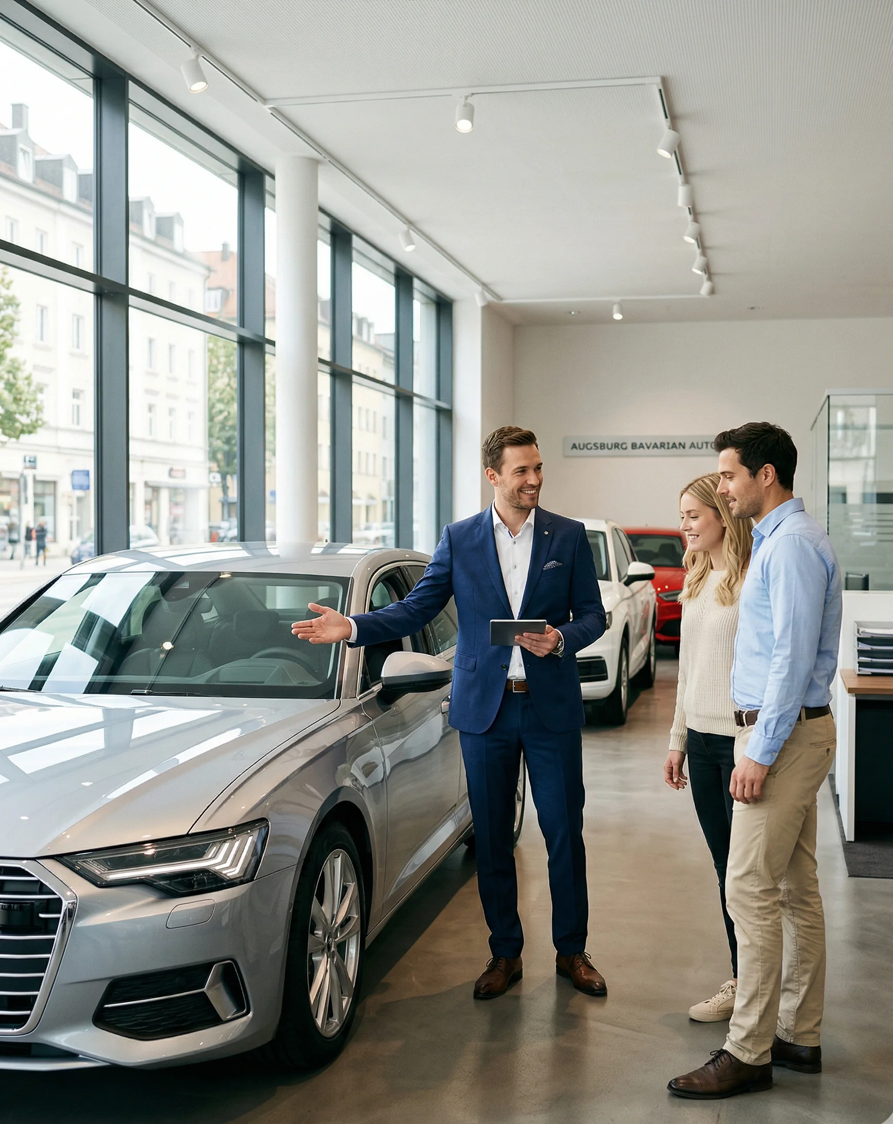 Autoverkäufer zeigt Paar ein Fahrzeug im Showroom — SendSeven Messaging für Autohäuser